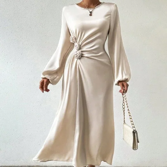 Apricot Preppy WomensWomen's Round Neck 3d Flower Decorated Lantern Sleeve Dress - Picture 3 of 5